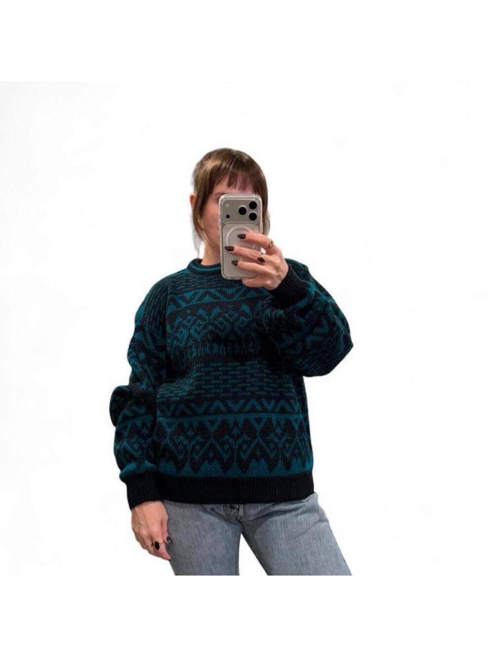 Vintage Botany 500 90s Teal Black Geometric Sweater